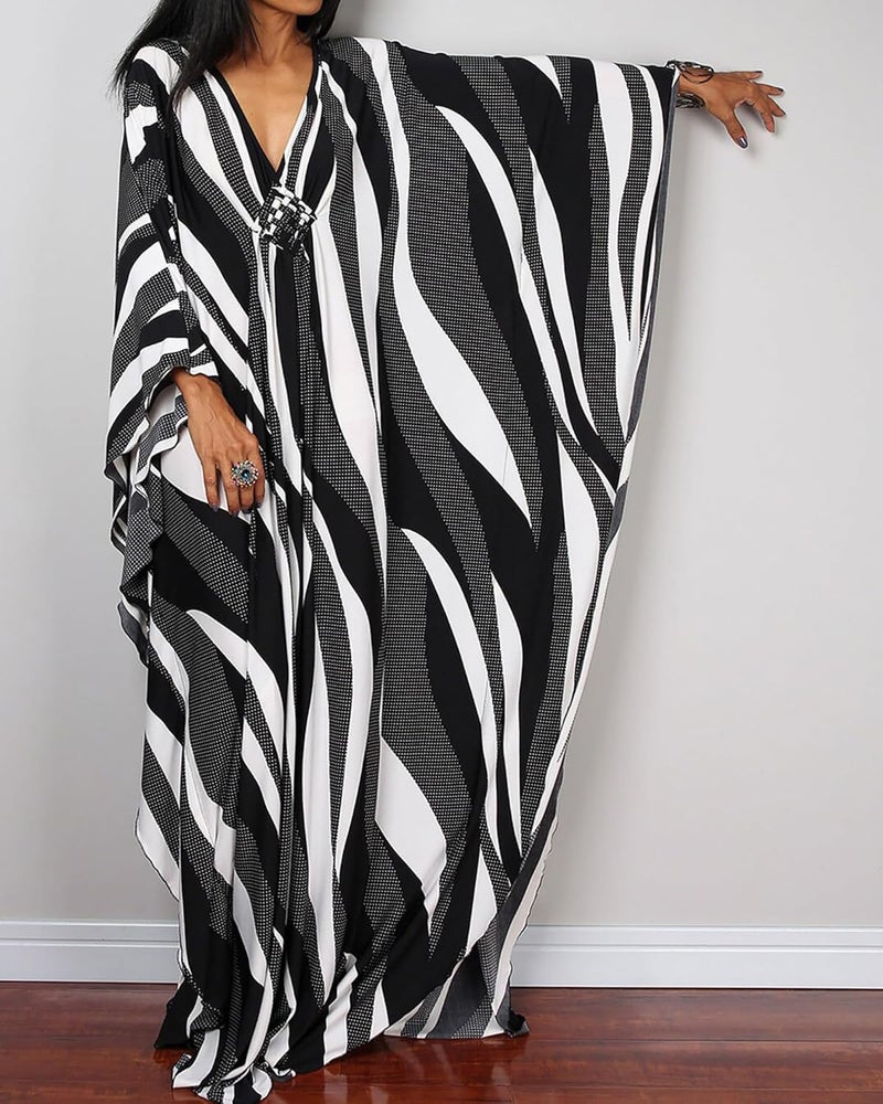 Bsubseach Women Ethnic Print Kaftan Beach Dress Plus Size Swimsuit Cover Up - Image 1